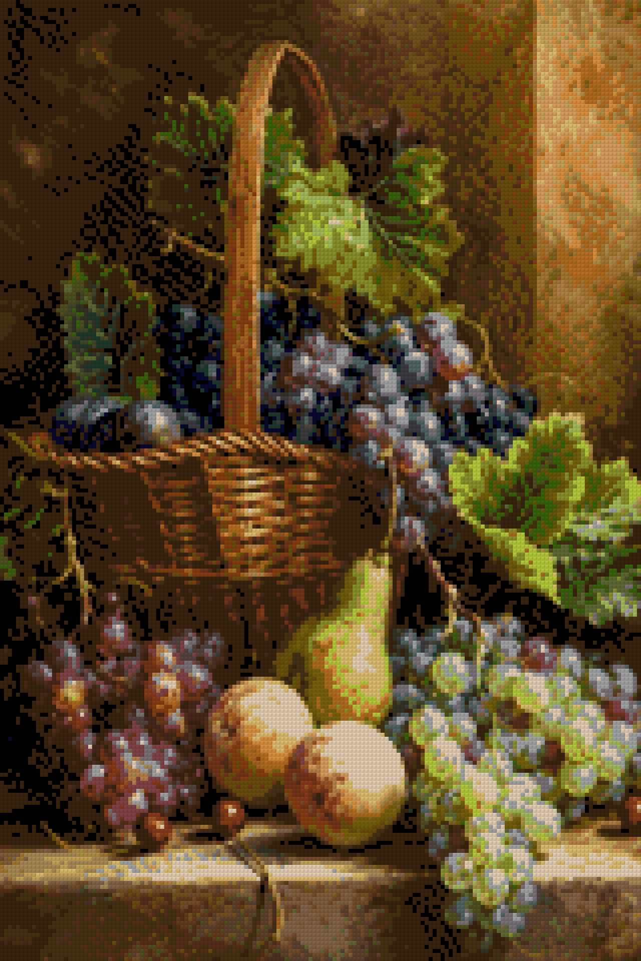 Basket with grapes, peaches, pear, and cherries in warm light. Size - 40cm x 60cm
