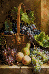 Basket with grapes, peaches, pear, and cherries in warm light. Size - 40cm x 60cm