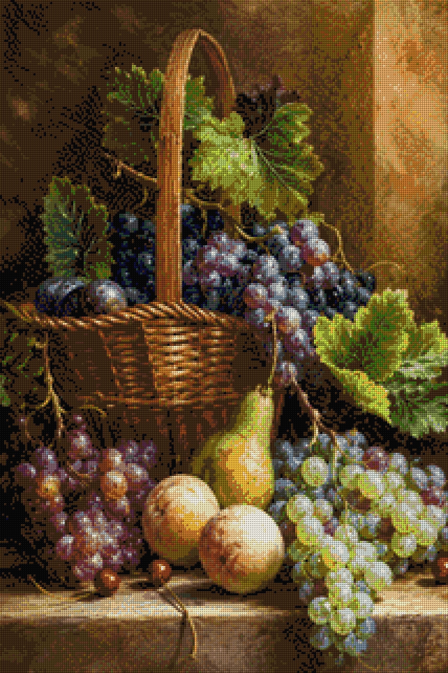 Basket with grapes, peaches, pear, and cherries in warm light. Size - 60cm x 90cm