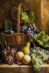 Basket with grapes, peaches, pear, and cherries in warm light. Size - 60cm x 90cm