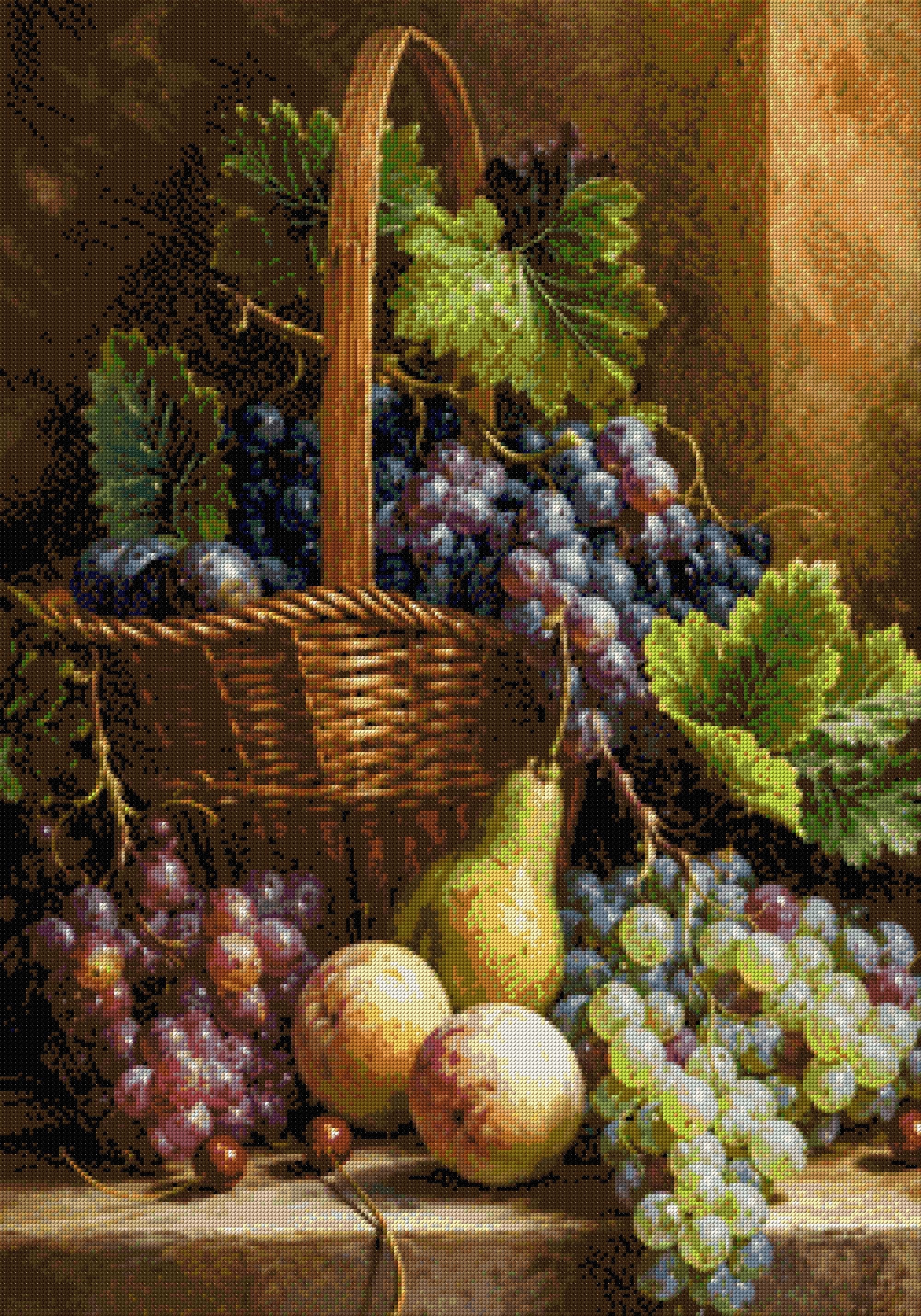 Basket with grapes, peaches, pear, and cherries in warm light. Size - 70cm x 100cm