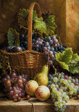 Basket with grapes, peaches, pear, and cherries in warm light. Size - 70cm x 100cm