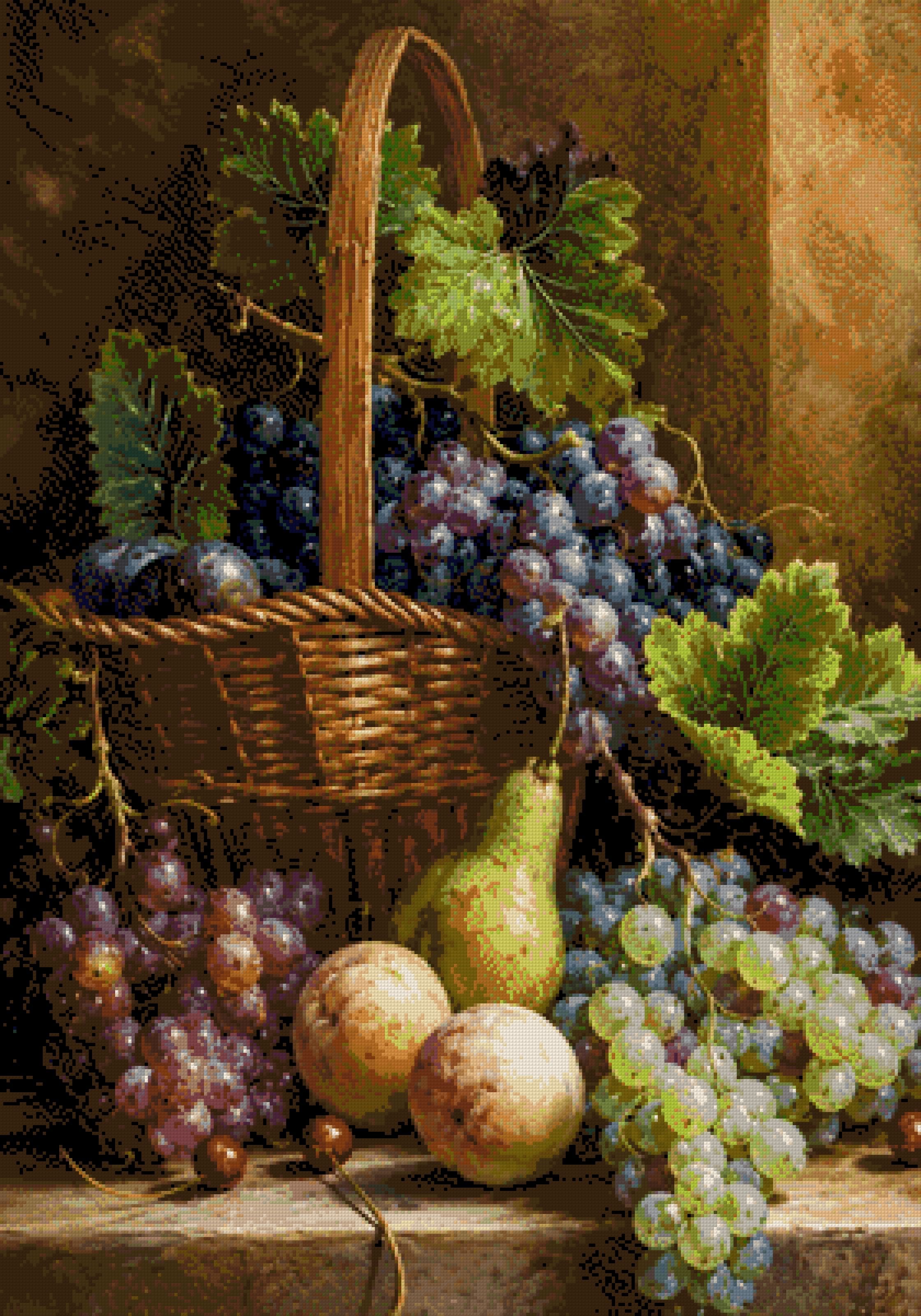 Basket with grapes, peaches, pear, and cherries in warm light. Size - 70cm x 100cm