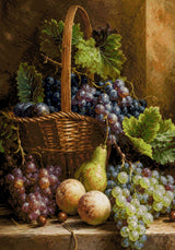 Basket with grapes, peaches, pear, and cherries in warm light. Size - 70cm x 100cm