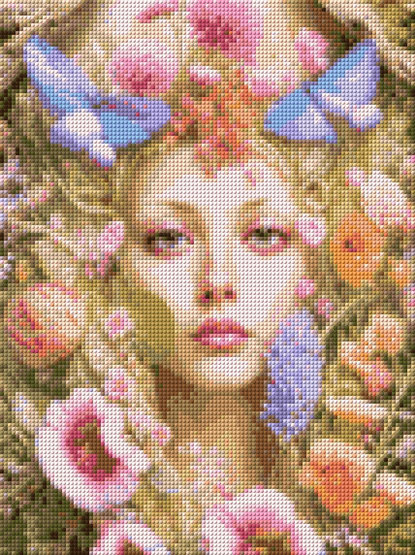 A serene face surrounded by colourful flowers and butterflies. Size - 30cm x 40cm