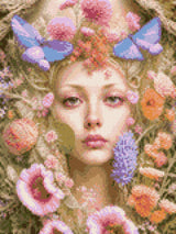 A serene face surrounded by colourful flowers and butterflies. Size - 30cm x 40cm