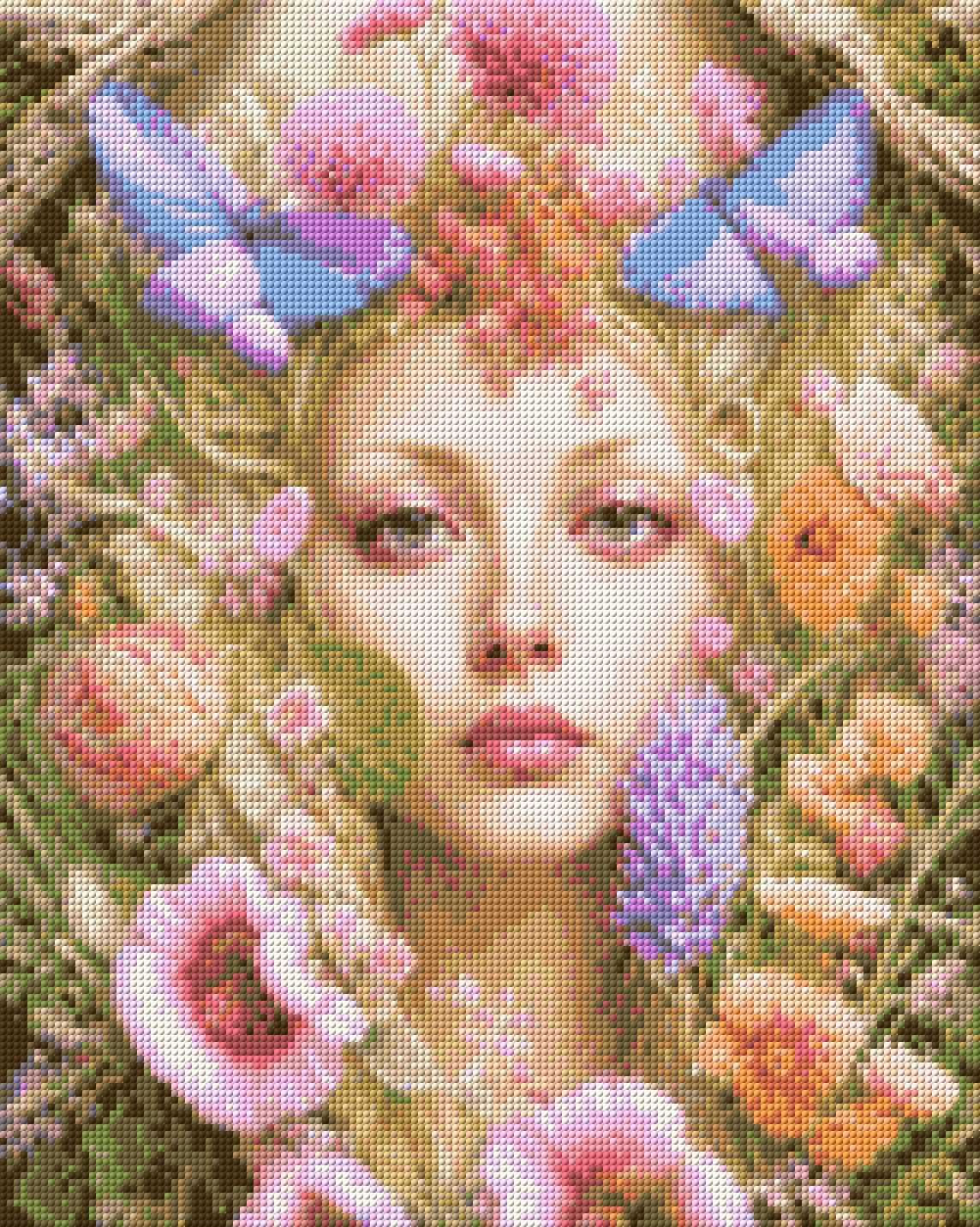 A serene face surrounded by colourful flowers and butterflies. Size - 40cm x 50cm