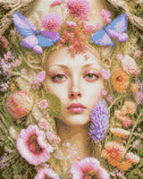 A serene face surrounded by colourful flowers and butterflies. Size - 40cm x 50cm