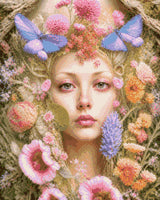 A serene face surrounded by colourful flowers and butterflies. Size - 40cm x 50cm