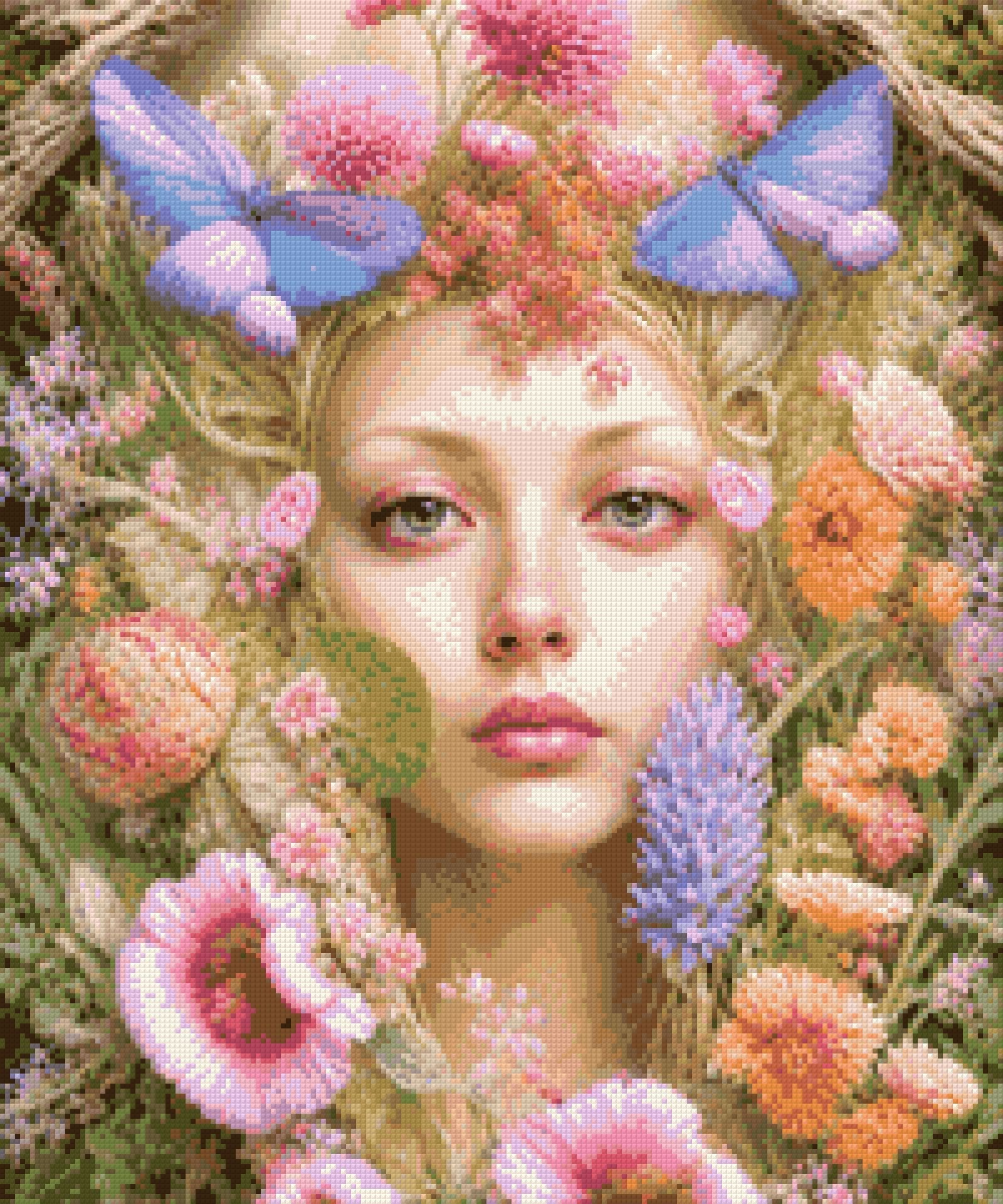A serene face surrounded by colourful flowers and butterflies. Size - 50cm x 60cm