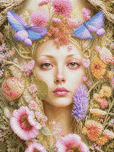 A serene face surrounded by colourful flowers and butterflies. Size - 60cm x 80cm