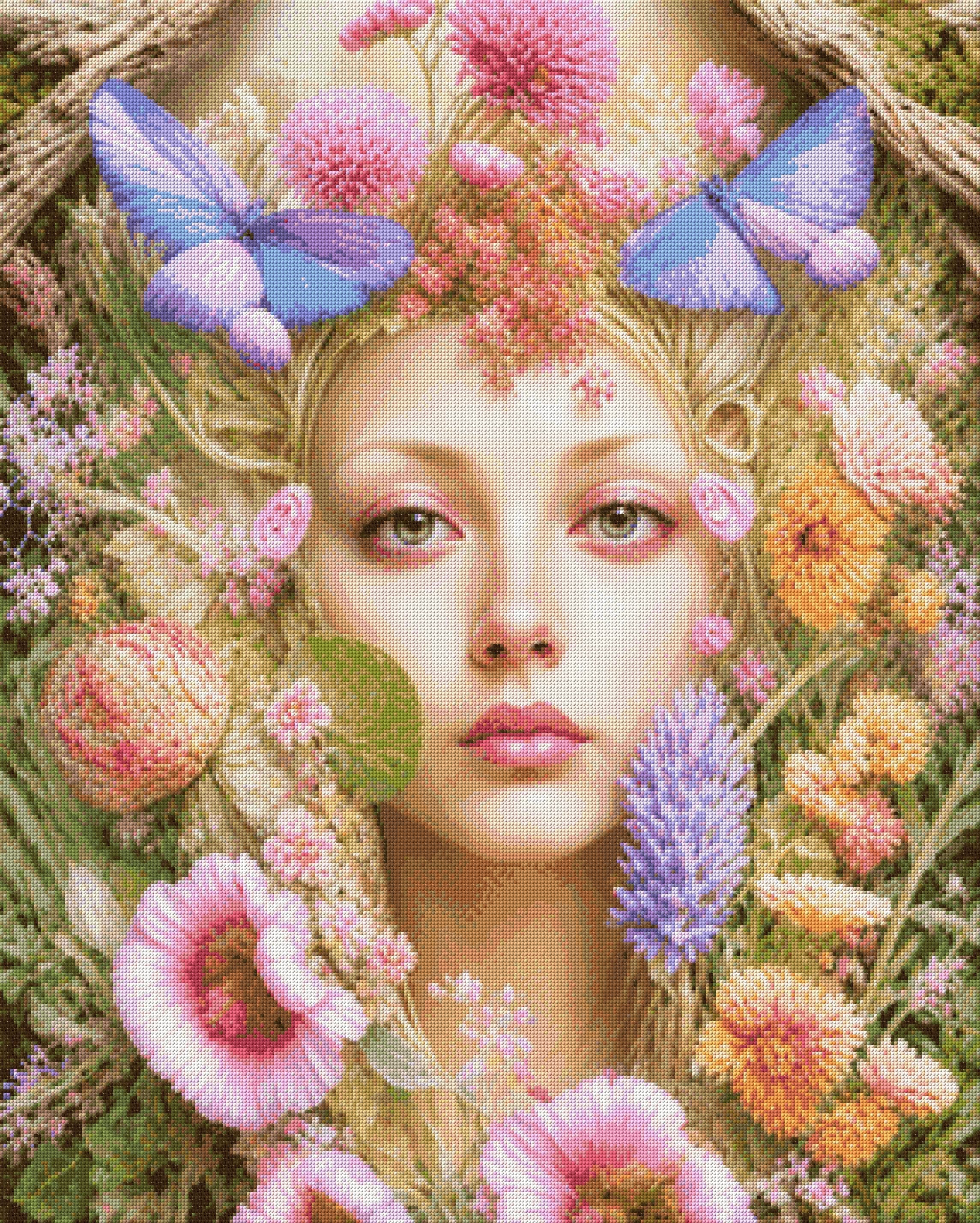 A serene face surrounded by colourful flowers and butterflies. Size - 80cm x 100cm