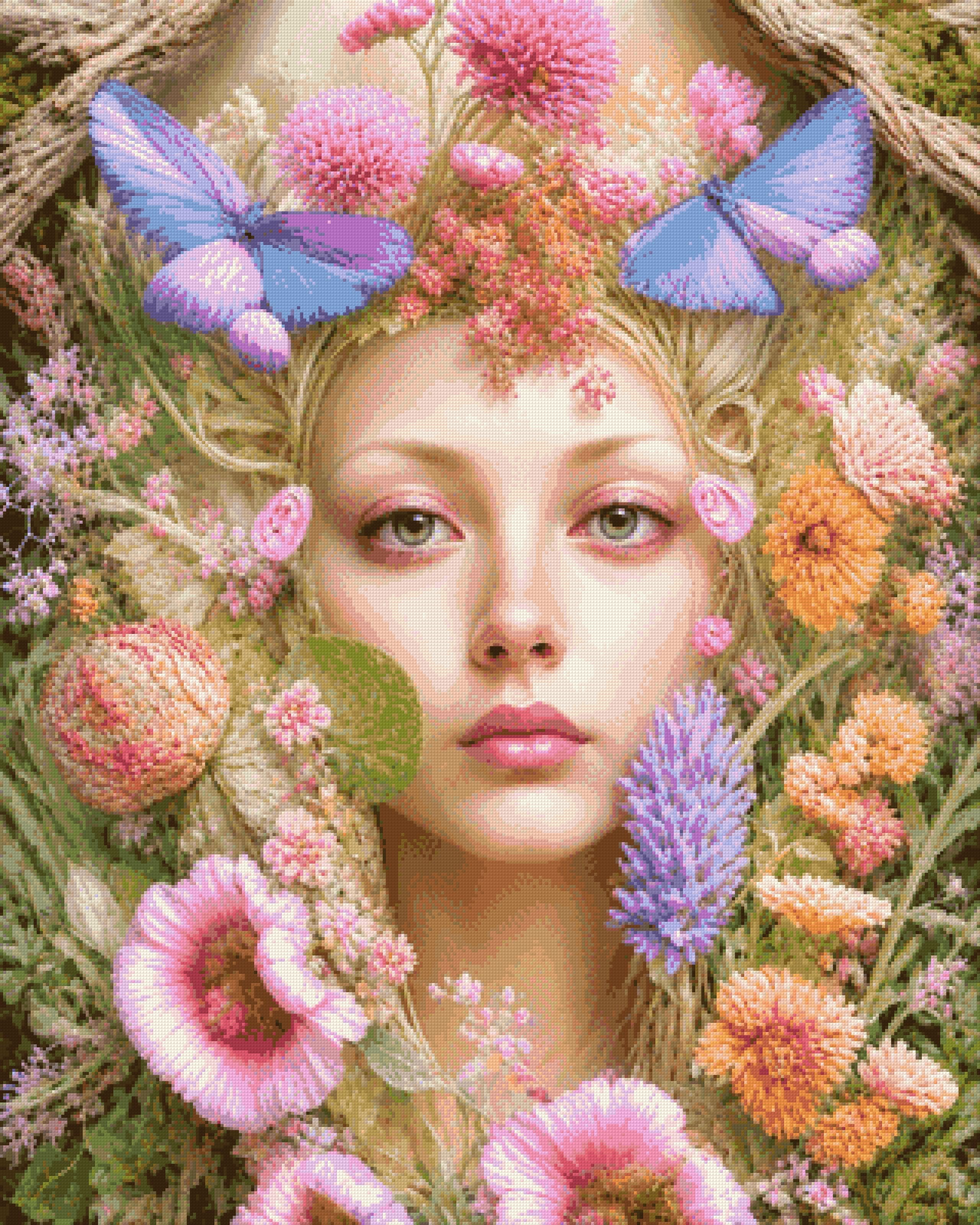 A serene face surrounded by colourful flowers and butterflies. Size - 80cm x 100cm