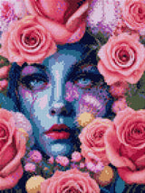 A blue-skinned face surrounded by pink roses, with striking blue eyes. Size - 30cm x 40cm