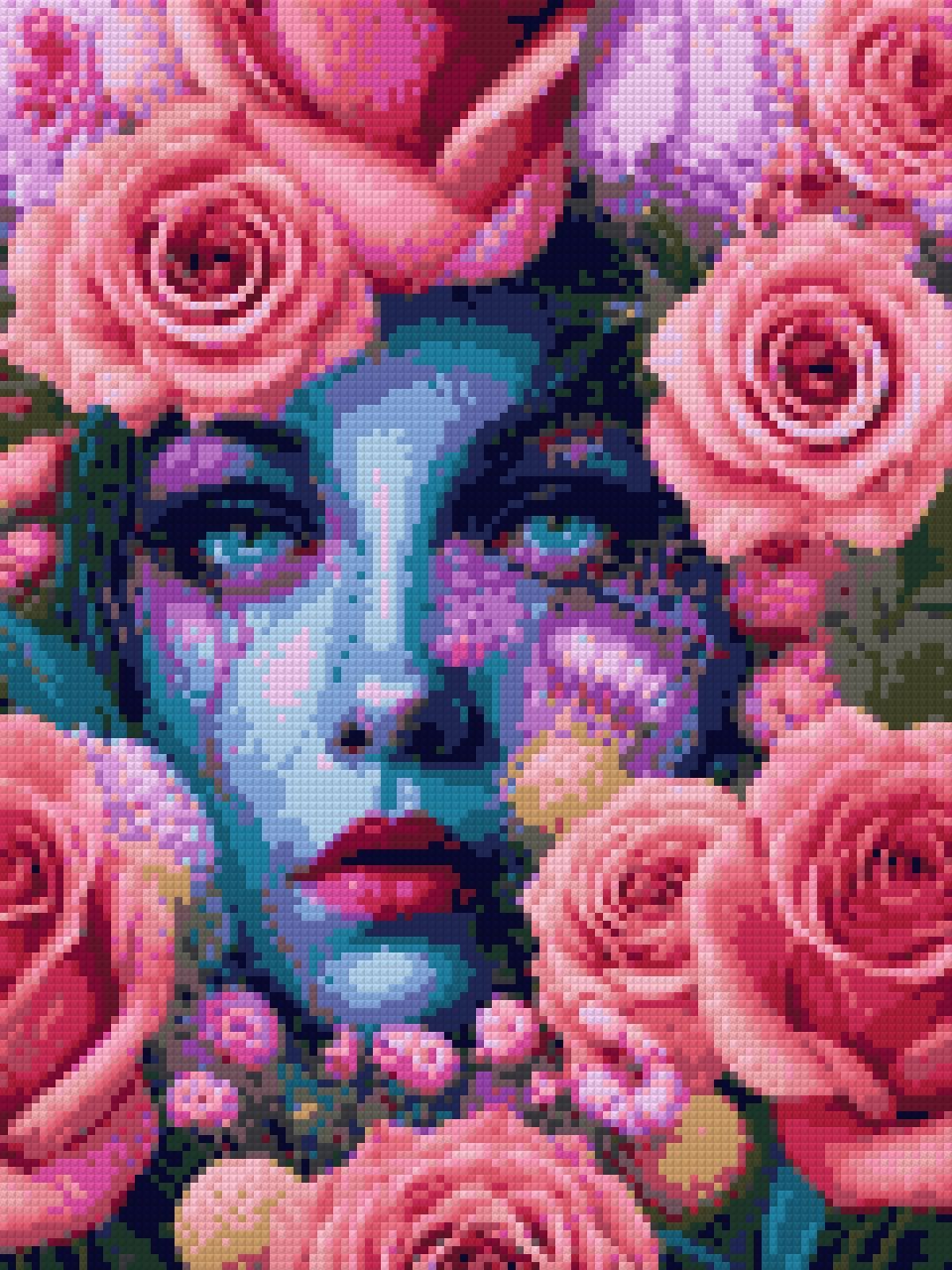 A blue-skinned face surrounded by pink roses, with striking blue eyes. Size - 30cm x 40cm