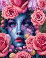 A blue-skinned face surrounded by pink roses, with striking blue eyes. Size - 40cm x 50cm