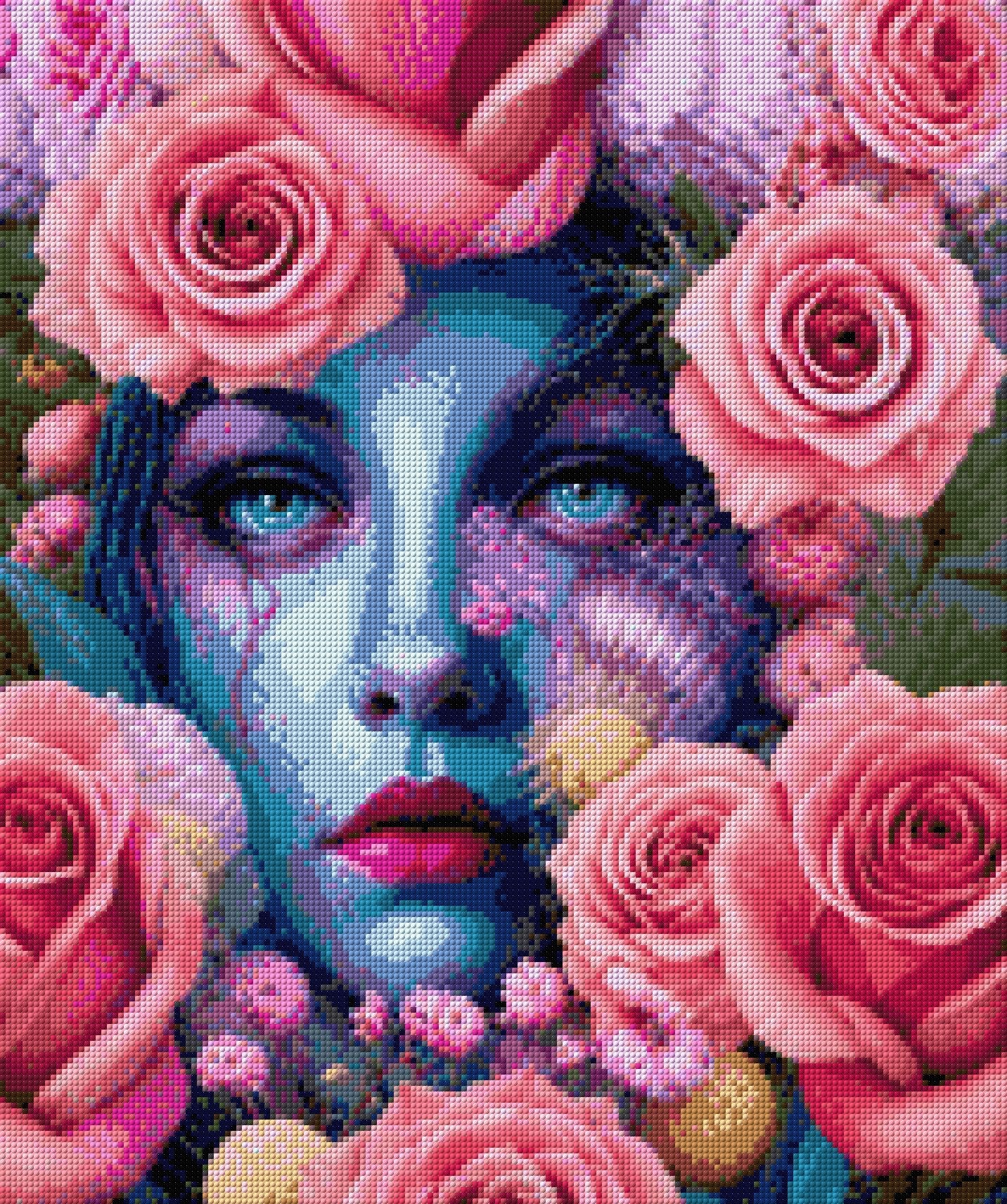A blue-skinned face surrounded by pink roses, with striking blue eyes. Size - 50cm x 60cm