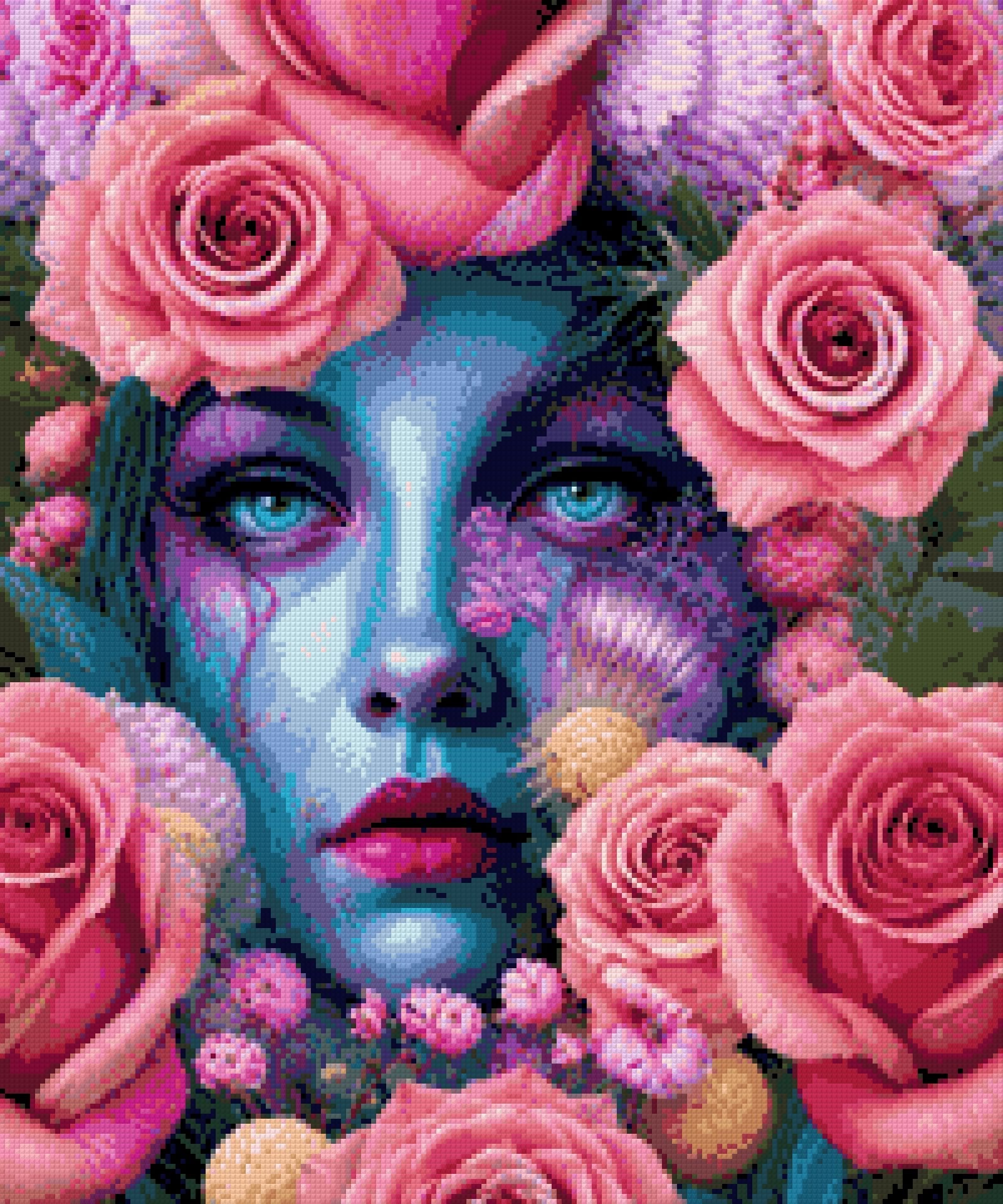 A blue-skinned face surrounded by pink roses, with striking blue eyes. Size - 50cm x 60cm