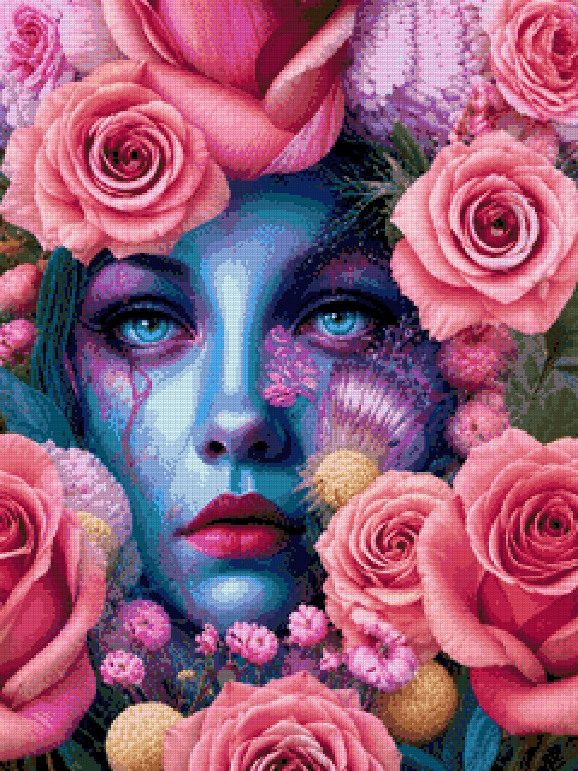 A blue-skinned face surrounded by pink roses, with striking blue eyes. Size - 60cm x 80cm