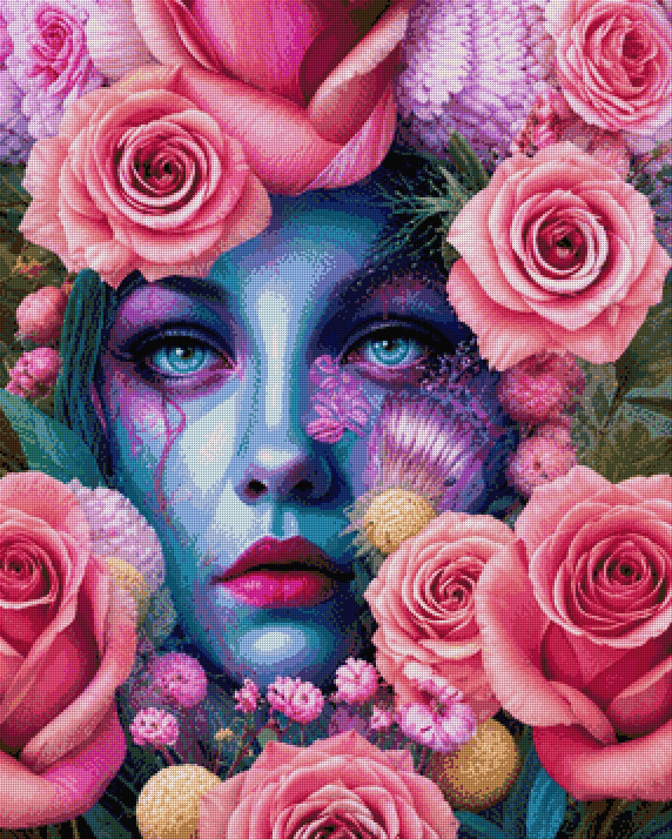 A blue-skinned face surrounded by pink roses, with striking blue eyes. Size - 80cm x 100cm