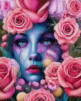 A blue-skinned face surrounded by pink roses, with striking blue eyes. Size - 80cm x 100cm