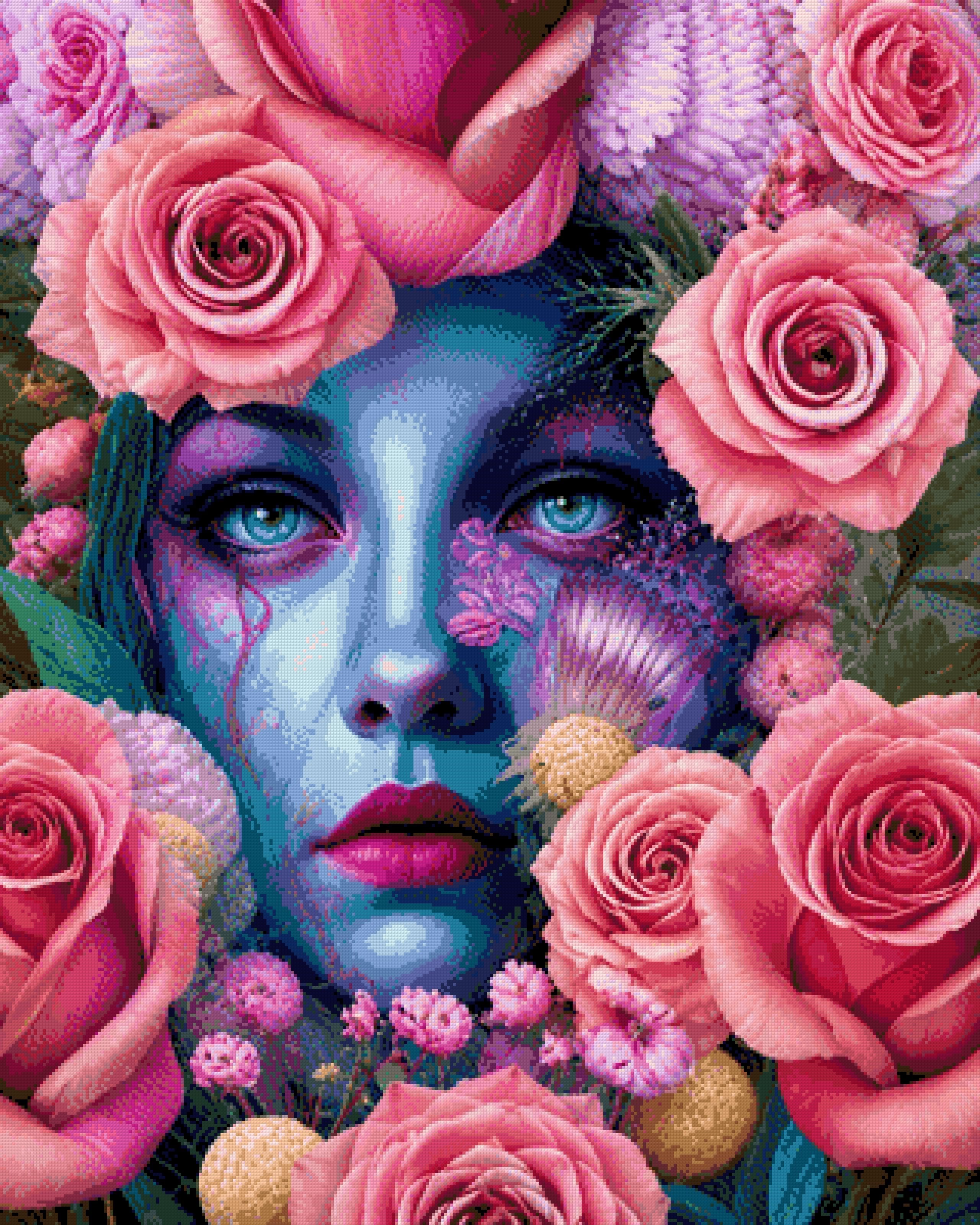 A blue-skinned face surrounded by pink roses, with striking blue eyes. Size - 80cm x 100cm