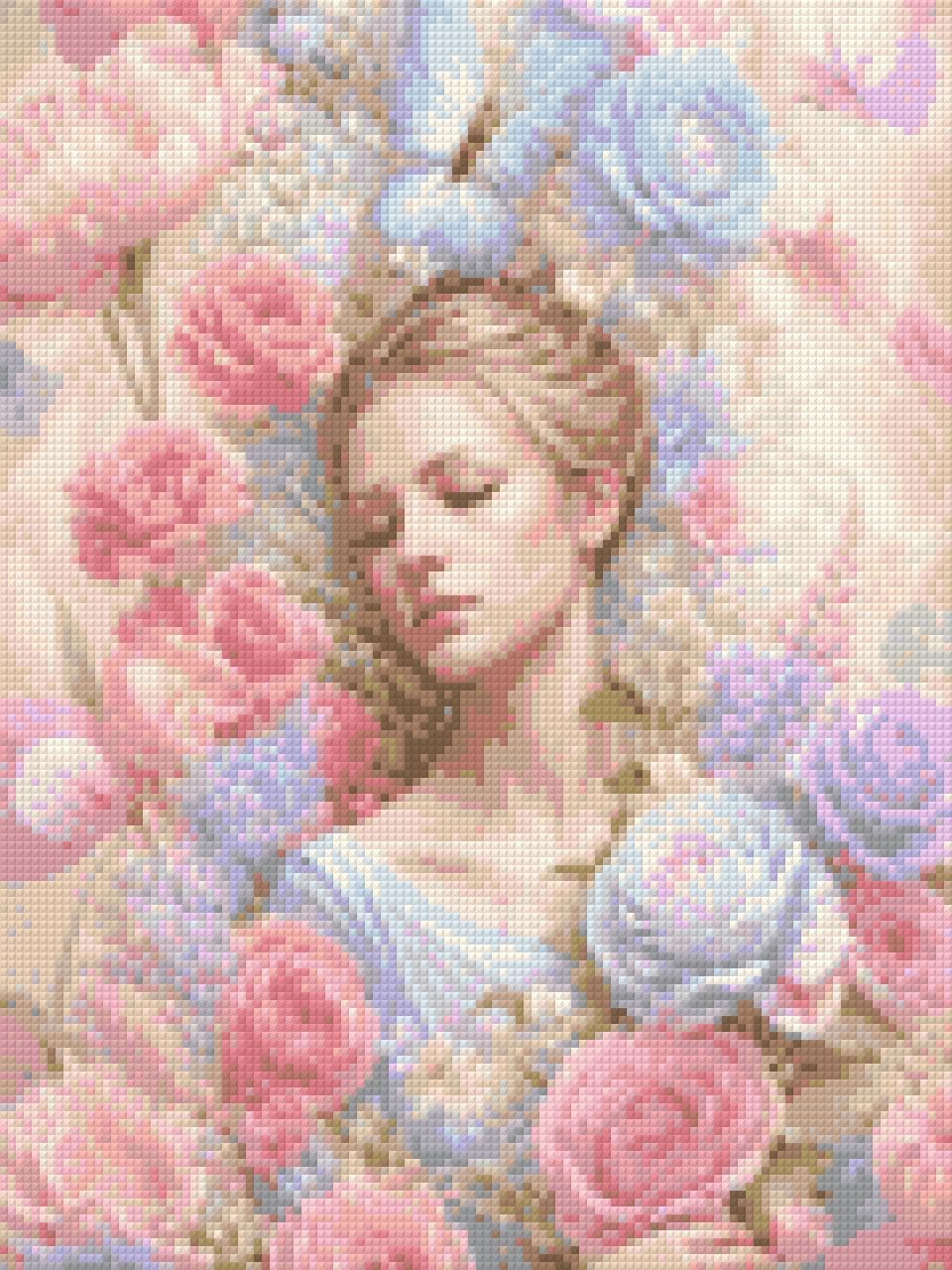 Woman surrounded by pink and blue flowers, with a butterfly above her. Size - 30cm x 40cm