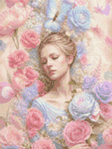 Woman surrounded by pink and blue flowers, with a butterfly above her. Size - 30cm x 40cm