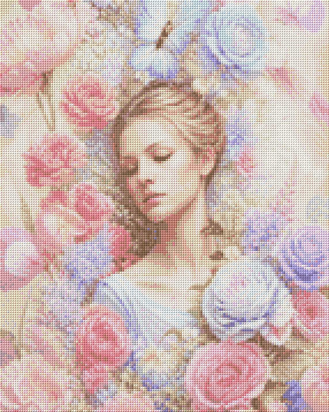 Woman surrounded by pink and blue flowers, with a butterfly above her. Size - 40cm x 50cm