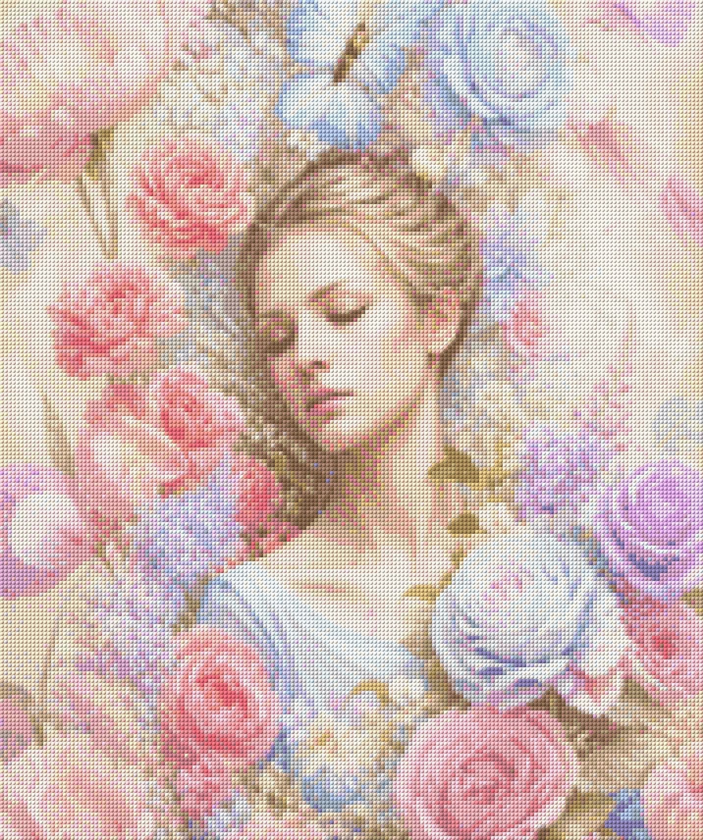 Woman surrounded by pink and blue flowers, with a butterfly above her. Size - 50cm x 60cm