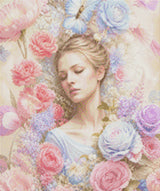Woman surrounded by pink and blue flowers, with a butterfly above her. Size - 50cm x 60cm