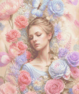 Woman surrounded by pink and blue flowers, with a butterfly above her. Size - 50cm x 60cm