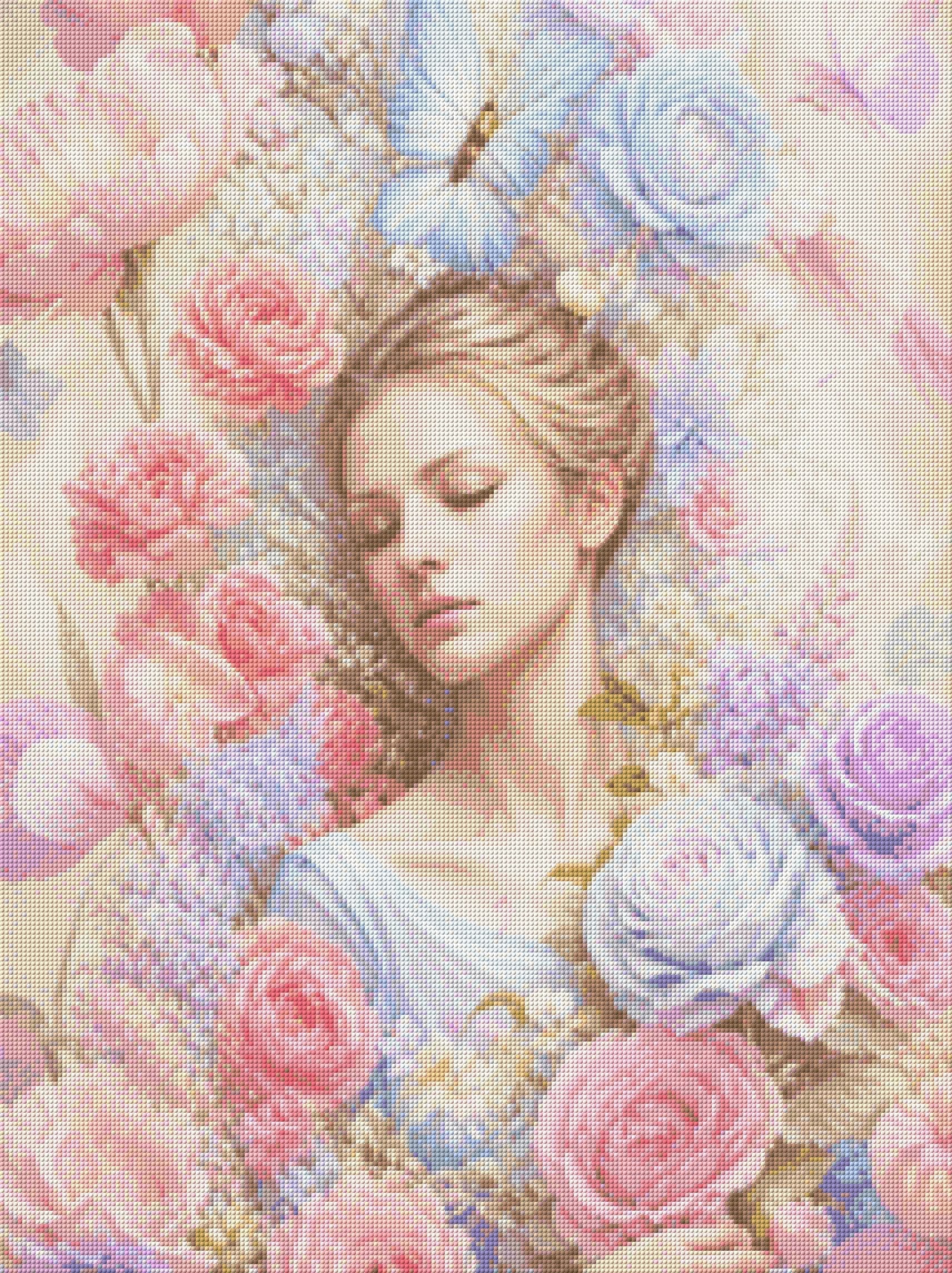 Woman surrounded by pink and blue flowers, with a butterfly above her. Size - 60cm x 80cm