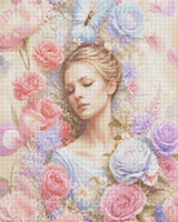 Woman surrounded by pink and blue flowers, with a butterfly above her. Size - 80cm x 100cm