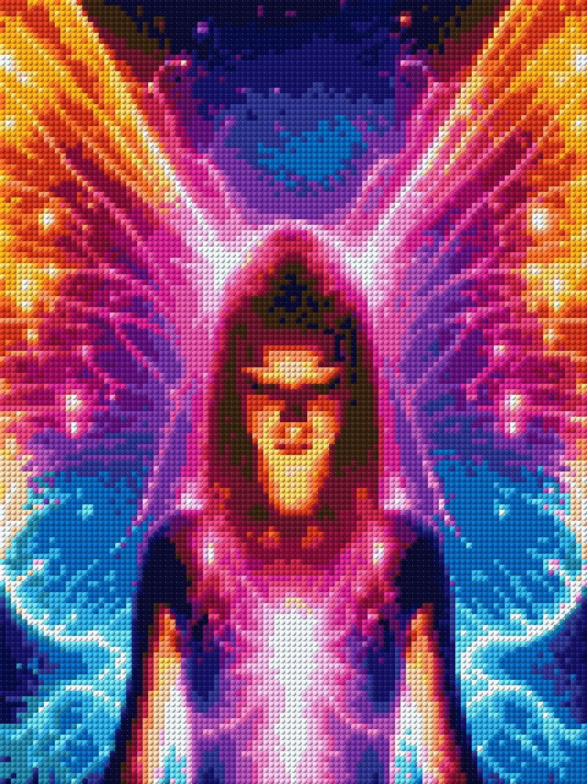 A mystical fairy with neon wings stands against a starry background, eyes closed in serenity. Size - 30cm x 40cm