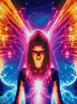 A mystical fairy with neon wings stands against a starry background, eyes closed in serenity. Size - 30cm x 40cm