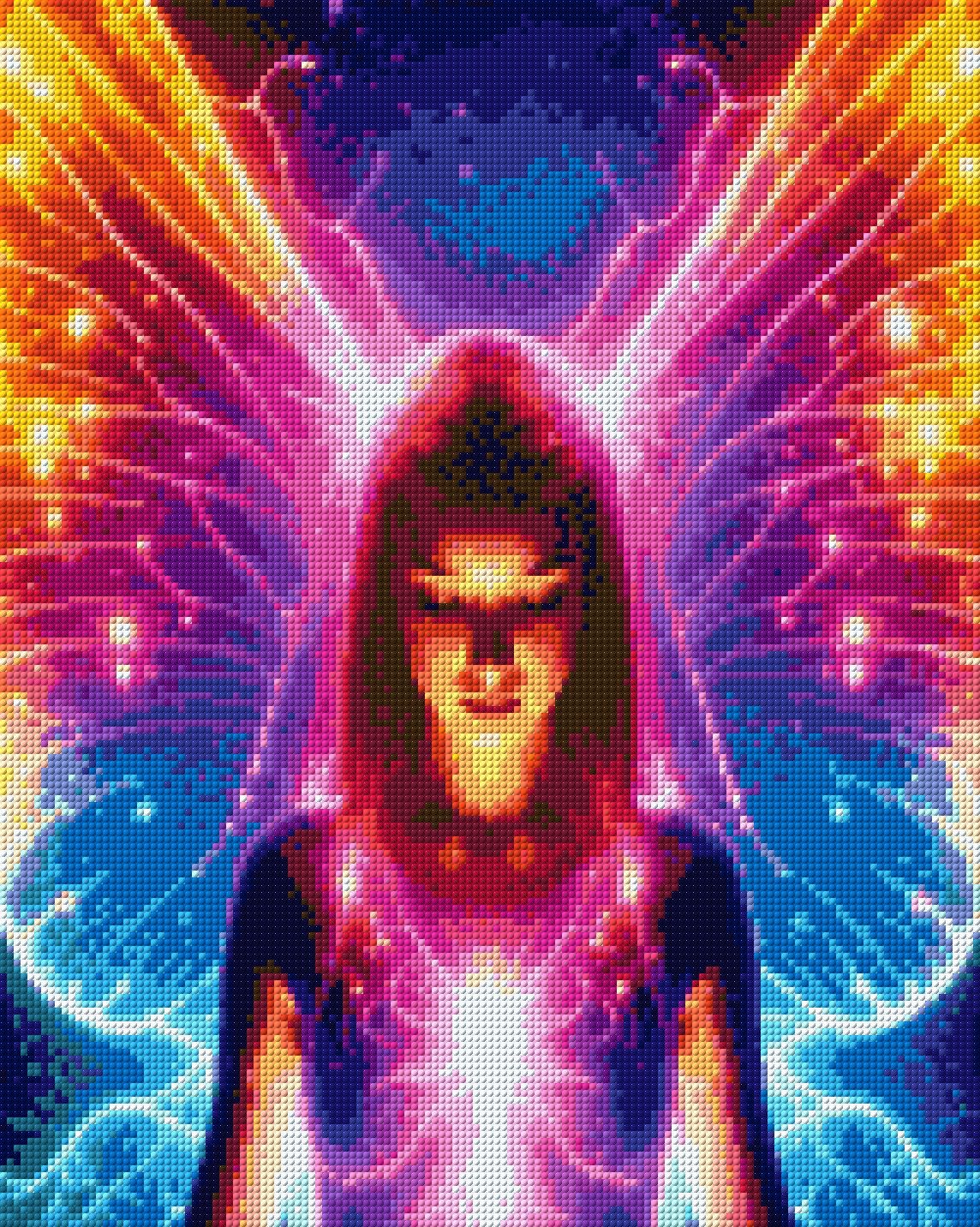 A mystical fairy with neon wings stands against a starry background, eyes closed in serenity. Size - 40cm x 50cm