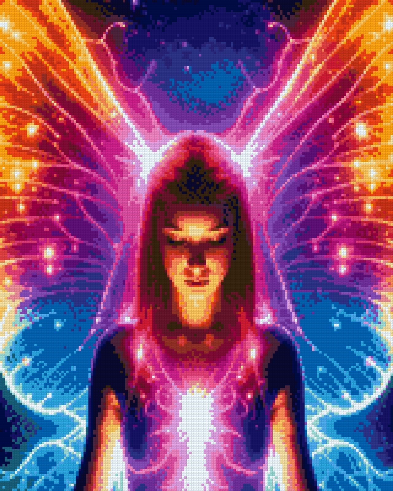 A mystical fairy with neon wings stands against a starry background, eyes closed in serenity. Size - 40cm x 50cm