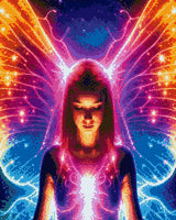 A mystical fairy with neon wings stands against a starry background, eyes closed in serenity. Size - 40cm x 50cm