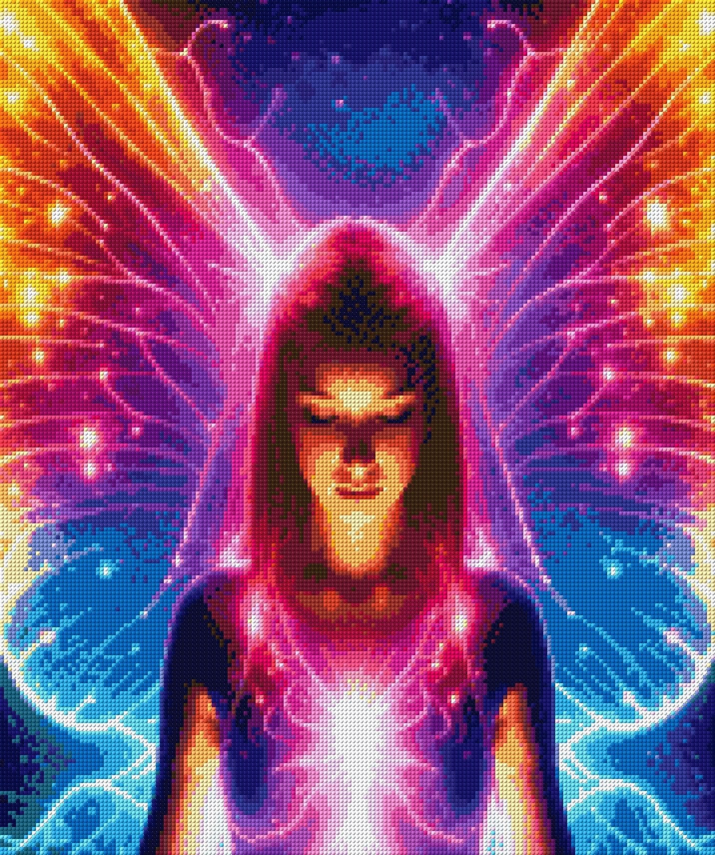 A mystical fairy with neon wings stands against a starry background, eyes closed in serenity. Size - 50cm x 60cm