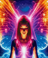 A mystical fairy with neon wings stands against a starry background, eyes closed in serenity. Size - 50cm x 60cm