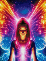 A mystical fairy with neon wings stands against a starry background, eyes closed in serenity. Size - 60cm x 80cm