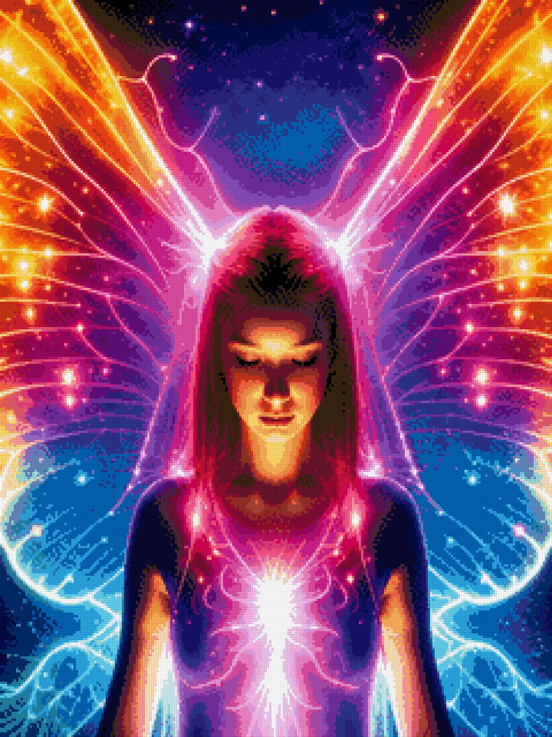 A mystical fairy with neon wings stands against a starry background, eyes closed in serenity. Size - 60cm x 80cm