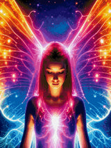 A mystical fairy with neon wings stands against a starry background, eyes closed in serenity. Size - 60cm x 80cm