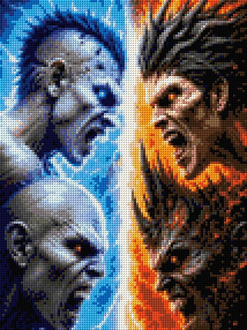 Four elemental warriors face off, blue ice on left and fiery orange on right. Size - 30cm x 40cm