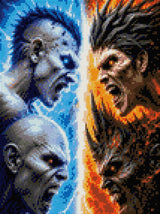 Four elemental warriors face off, blue ice on left and fiery orange on right. Size - 30cm x 40cm