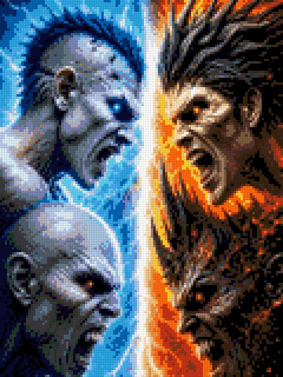 Four elemental warriors face off, blue ice on left and fiery orange on right. Size - 30cm x 40cm