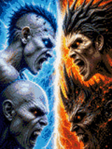 Four elemental warriors face off, blue ice on left and fiery orange on right. Size - 30cm x 40cm