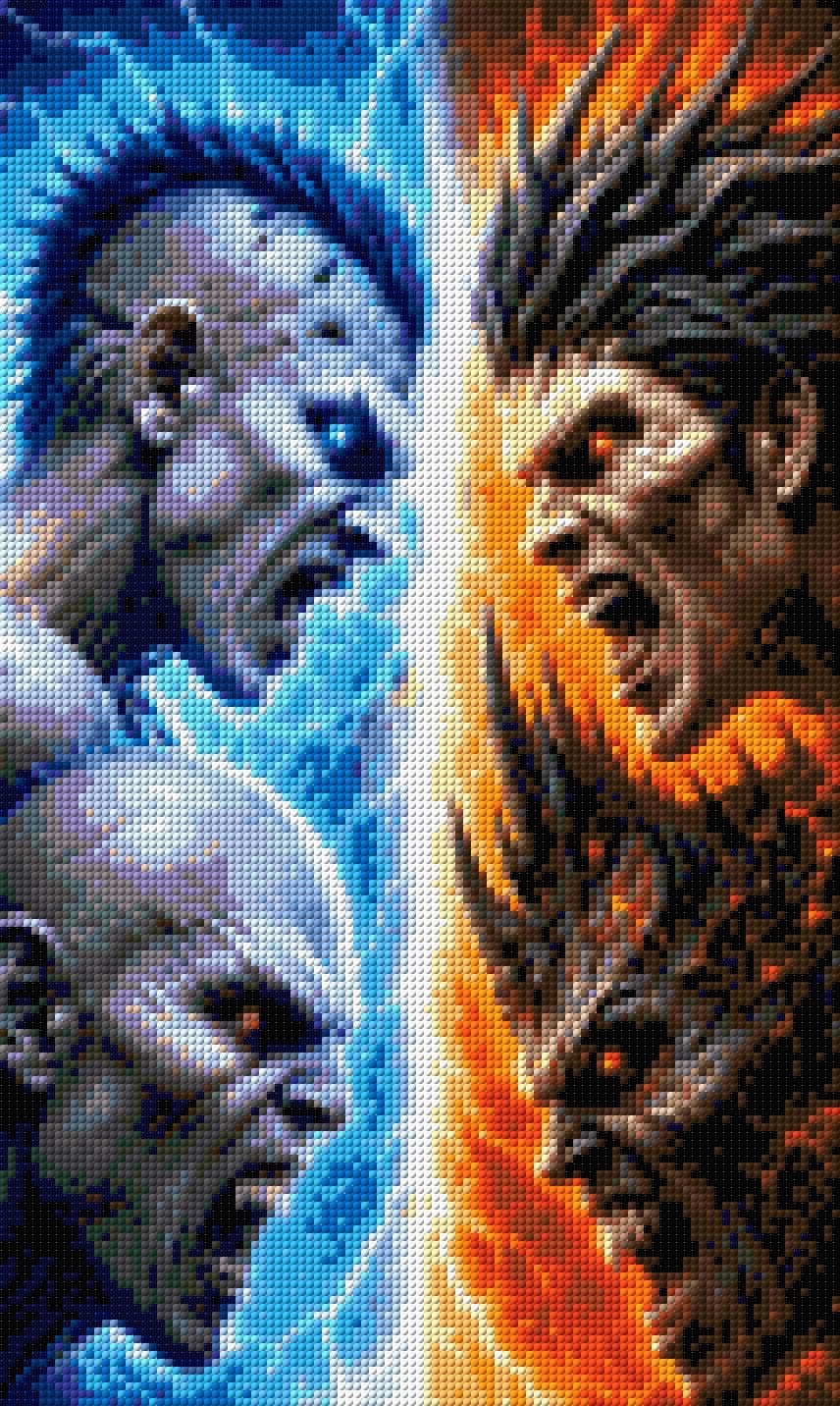 Four elemental warriors face off, blue ice on left and fiery orange on right. Size - 30cm x 50cm
