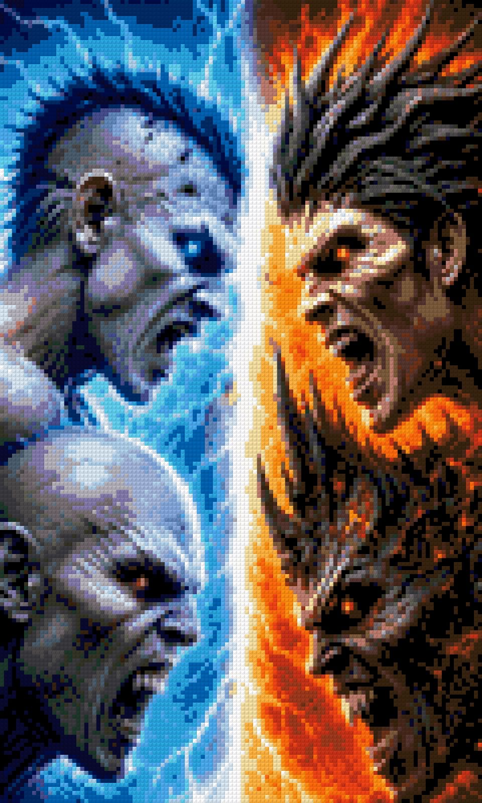 Four elemental warriors face off, blue ice on left and fiery orange on right. Size - 30cm x 50cm